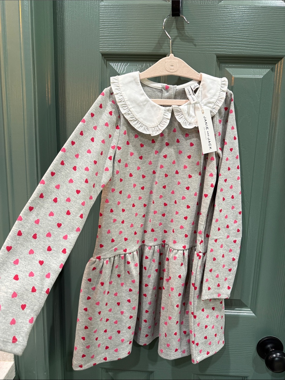 Janie and Jack Grey Dress with Pink Heart Print and White Ruffle Collar